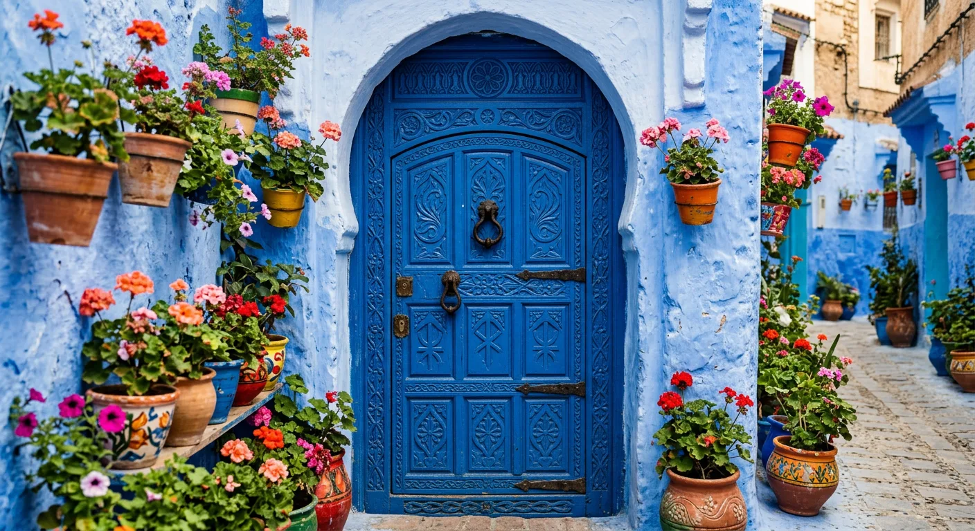 A cobalt-blue door framed by potted geraniums in the Chefchaouen medina
