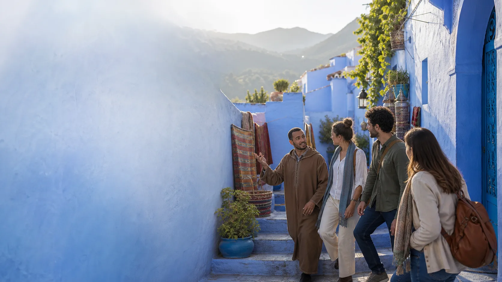 Indigo-blue lanes climbing through the Chefchaouen medina, high in the Rif mountains
